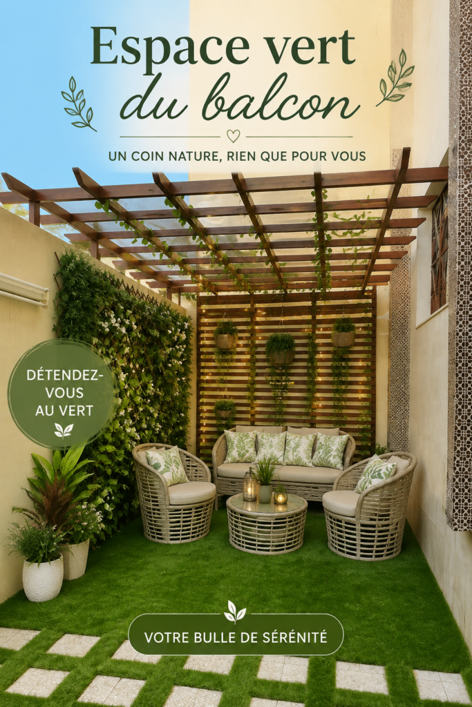Un balcon moderne aménagé avec des plantes vertes et fleuries, offrant une ambiance accueillante.