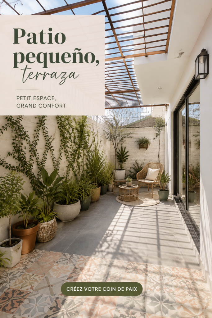Aménagement d'un petit patio accueillant avec des plantes et des meubles confortables