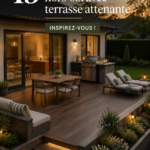 Un jardin avec une piscine hors sol entourée d'une terrasse en bois chaleureuse.