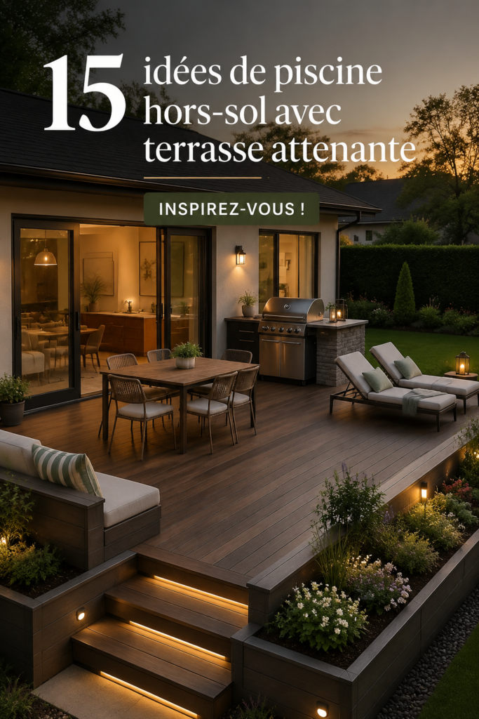 Un jardin avec une piscine hors sol entourée d'une terrasse en bois chaleureuse.