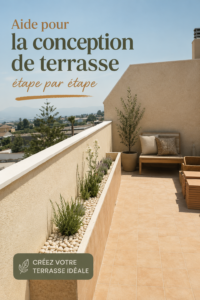 Terrasse bien aménagée avec mobilier confortable et plantes décoratives.