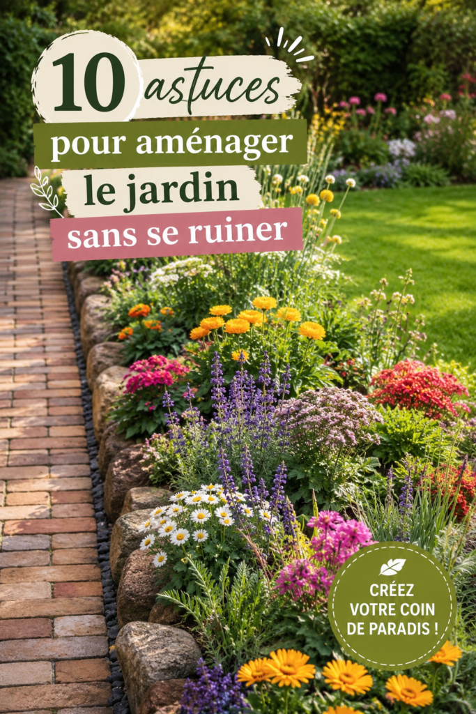 Un jardin bien aménagé avec des plantes variées et des décorations DIY accessibles.