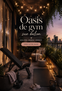 Balcon décoré avec des équipements de sport et un espace cosy