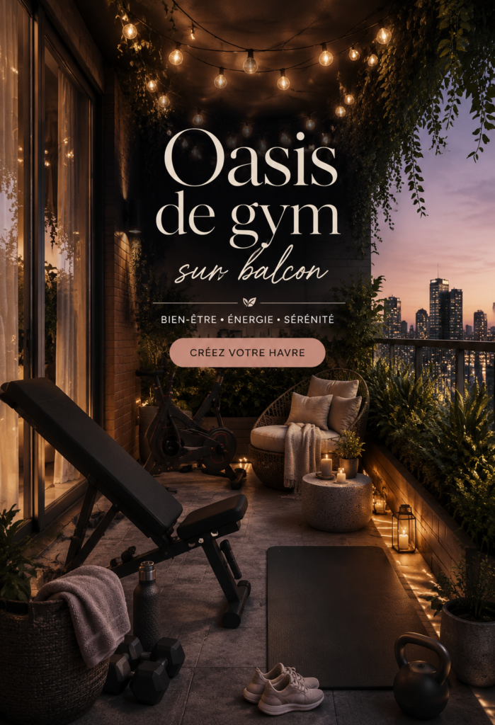 Balcon décoré avec des équipements de sport et un espace cosy