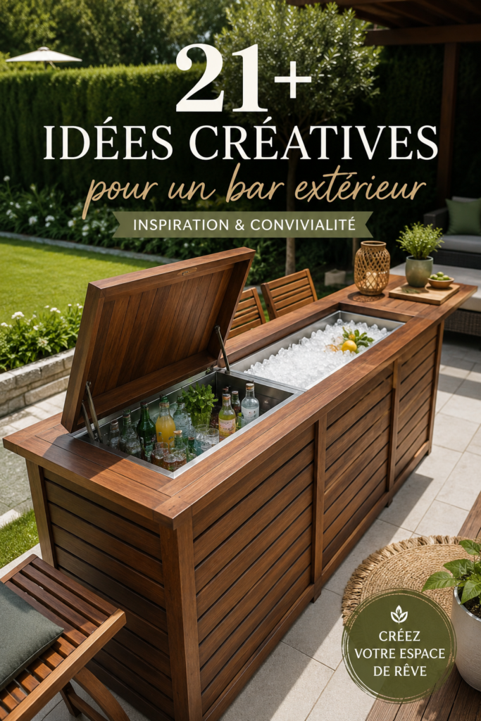Bar de jardin en palette décoré avec des plantes et des luminaires chaleureux.
