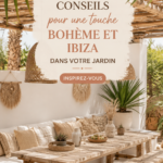 Jardin boho avec des éléments inspirés d'Ibiza, décoré de couleurs vives et d'accessoires chaleureux.