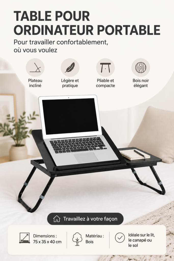 Bureau laptop en bois noir installé dans un bureau cosy.