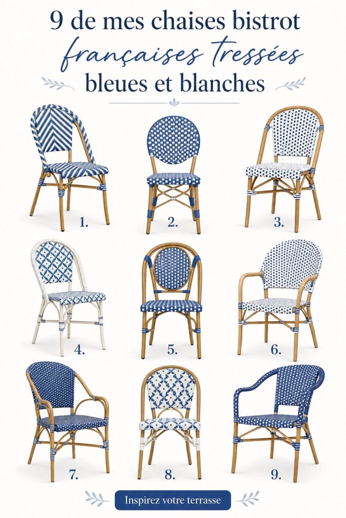 Chaises bistrot bleu et blanc élégamment disposées dans un intérieur lumineux