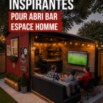 Un bar de jardin accueillant, aménagé avec des sièges confortables et des décorations chaleureuses.