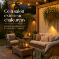 Coin patio avec mobilier rustique et éclairage chaleureux