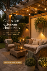 Coin patio avec mobilier rustique et éclairage chaleureux