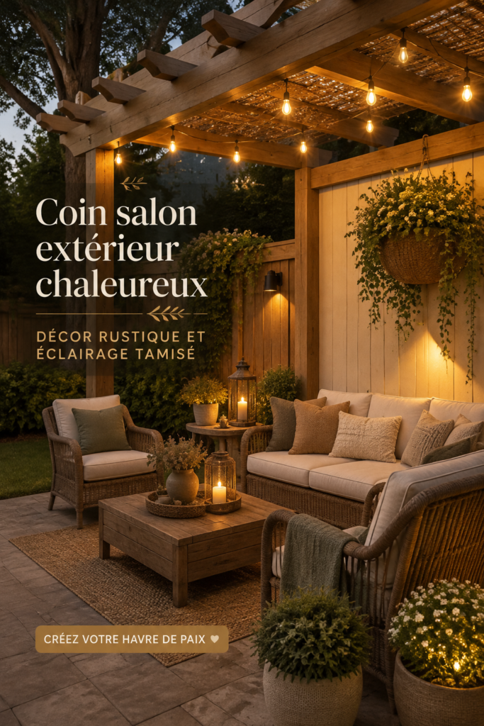 Coin patio avec mobilier rustique et éclairage chaleureux