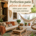 Un patio enchanteur avec des plantes et des meubles confortables, parfait pour la détente.
