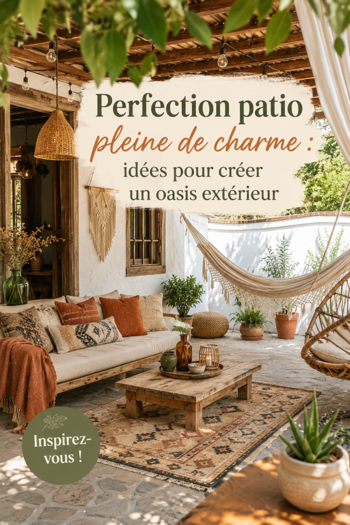 Un patio enchanteur avec des plantes et des meubles confortables, parfait pour la détente.