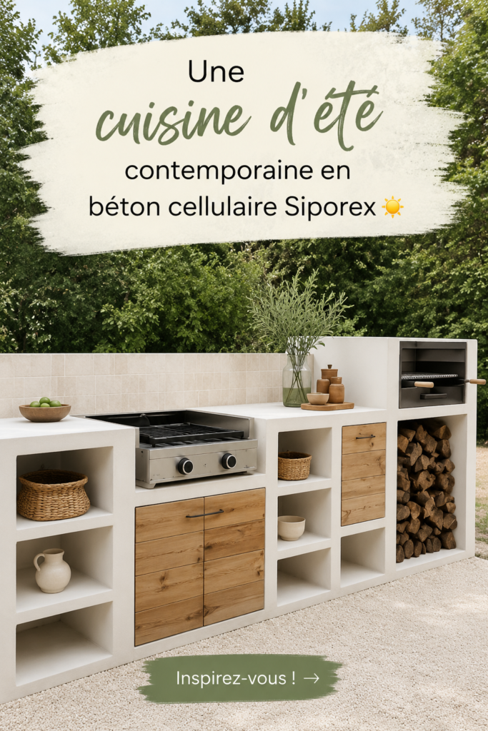 Cuisine d'été contemporaine en béton cellulaire avec mobilier pratique et accueillant