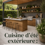 Une cuisine d'été au jardin avec un barbecue et des meubles confortables.