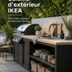 Cuisine extérieure aménagée avec des meubles IKEA, décorée avec des plantes vertes.