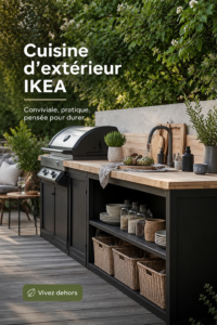 Cuisine extérieure aménagée avec des meubles IKEA, décorée avec des plantes vertes.