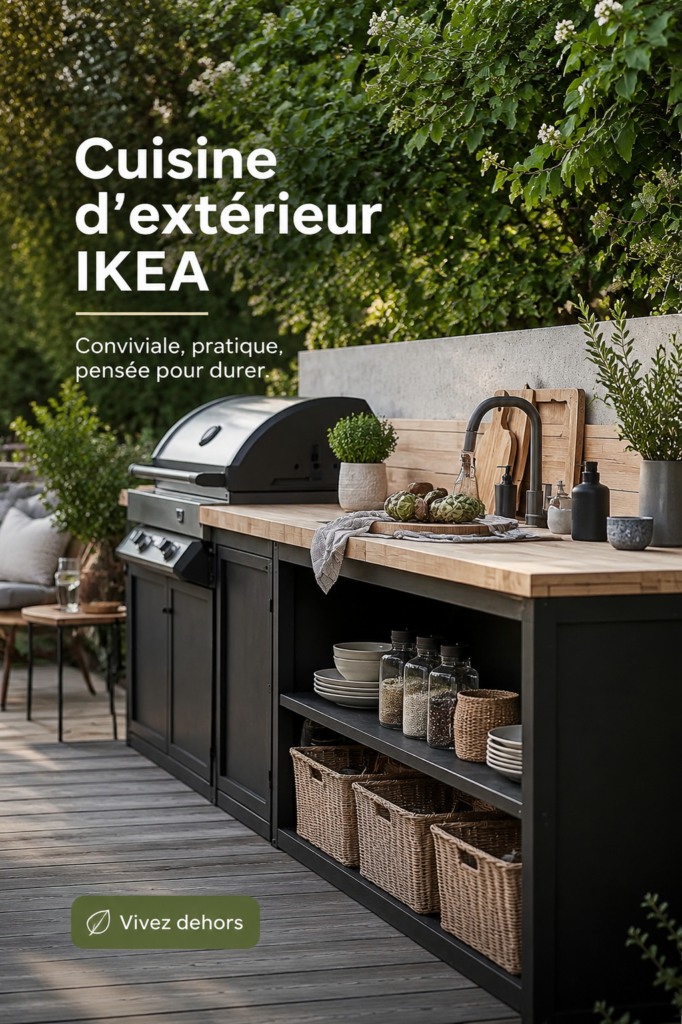 Cuisine extérieure aménagée avec des meubles IKEA, décorée avec des plantes vertes.