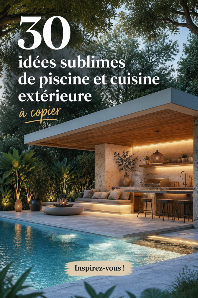 Jardin avec piscine et cuisine extérieure bien aménagée