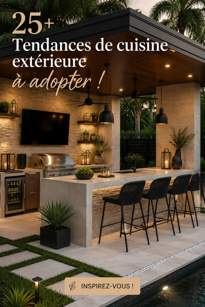 Une cuisine extérieure moderne sur un patio accueillant avec des meubles adaptés
