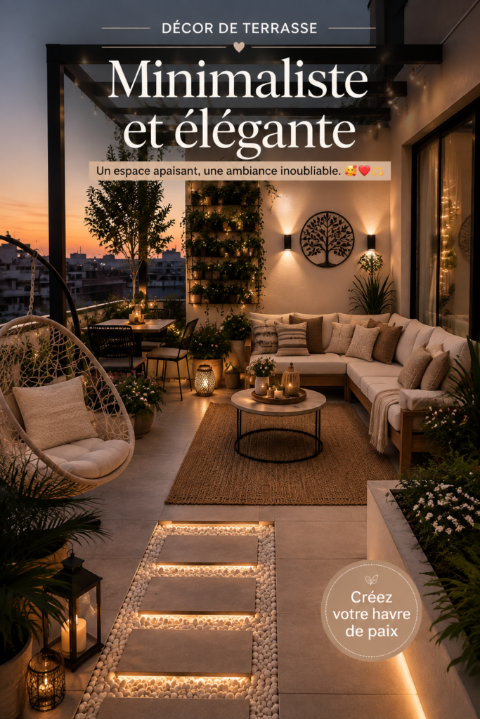 Une terrasse élégante et minimaliste avec des plantes et du mobilier chic