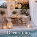 Terrasse blanche décorée au bord d'une piscine, créant une ambiance relaxante.