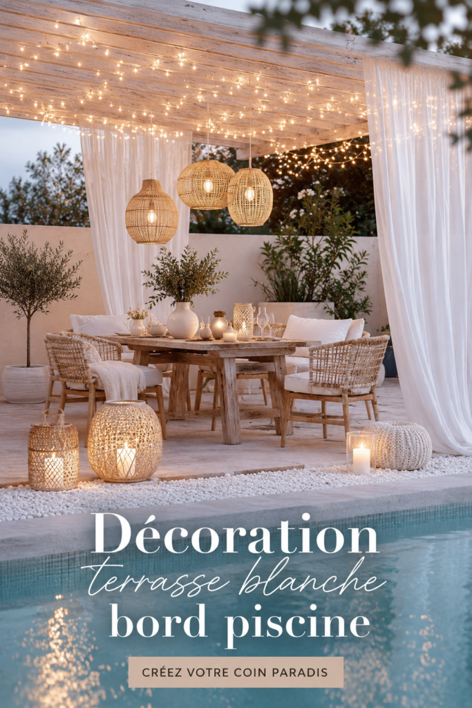 Terrasse blanche décorée au bord d'une piscine, créant une ambiance relaxante.