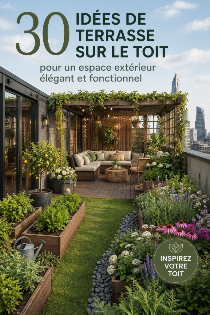 Terrasse extérieure chic avec des plantes et meubles fonctionnels