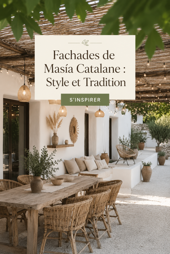 Façade d'une masía catalane avec pierre traditionnelle et balcons en bois