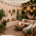 Un patio désertique aménagé avec des lanternes en rotin et des plantes