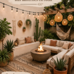 Un patio désertique aménagé avec des lanternes en rotin et des plantes