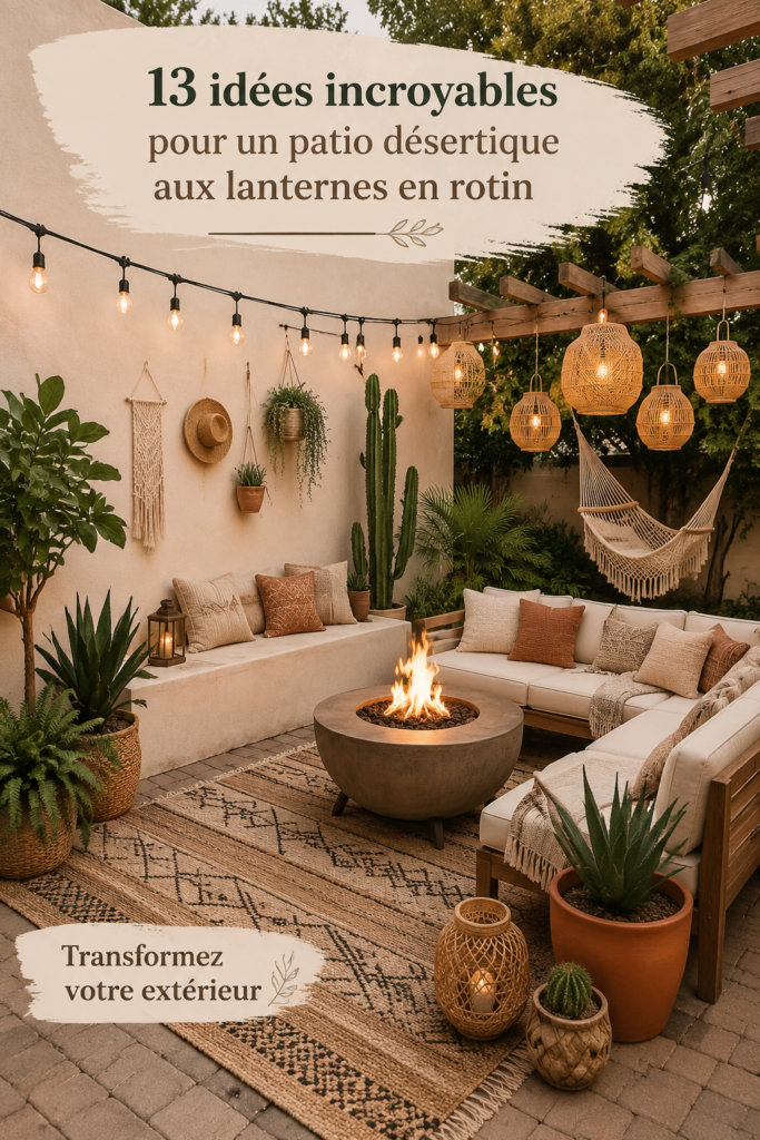 Un patio désertique aménagé avec des lanternes en rotin et des plantes