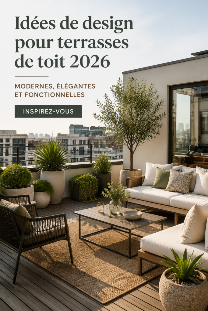 Aménagement d'un toit-terrasse moderne et accueillant avec des plantes et des meubles confortables.