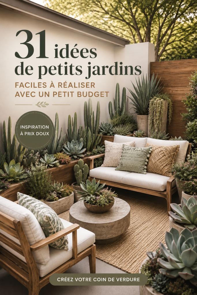 Un petit jardin bien agencé avec des plantes colorées et des meubles accueillants, illustrant l'idée de décoration extérieure inclusive.