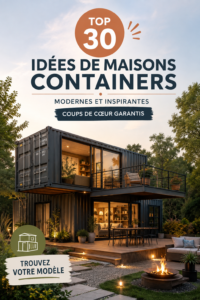 Maison conteneur moderne à la décoration chaleureuse, intégrée dans un environnement naturel.