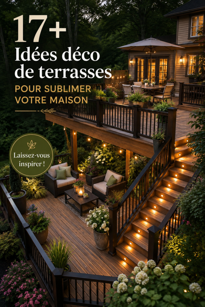 Une belle terrasse en bois avec des plantes, parfaite pour se détendre.
