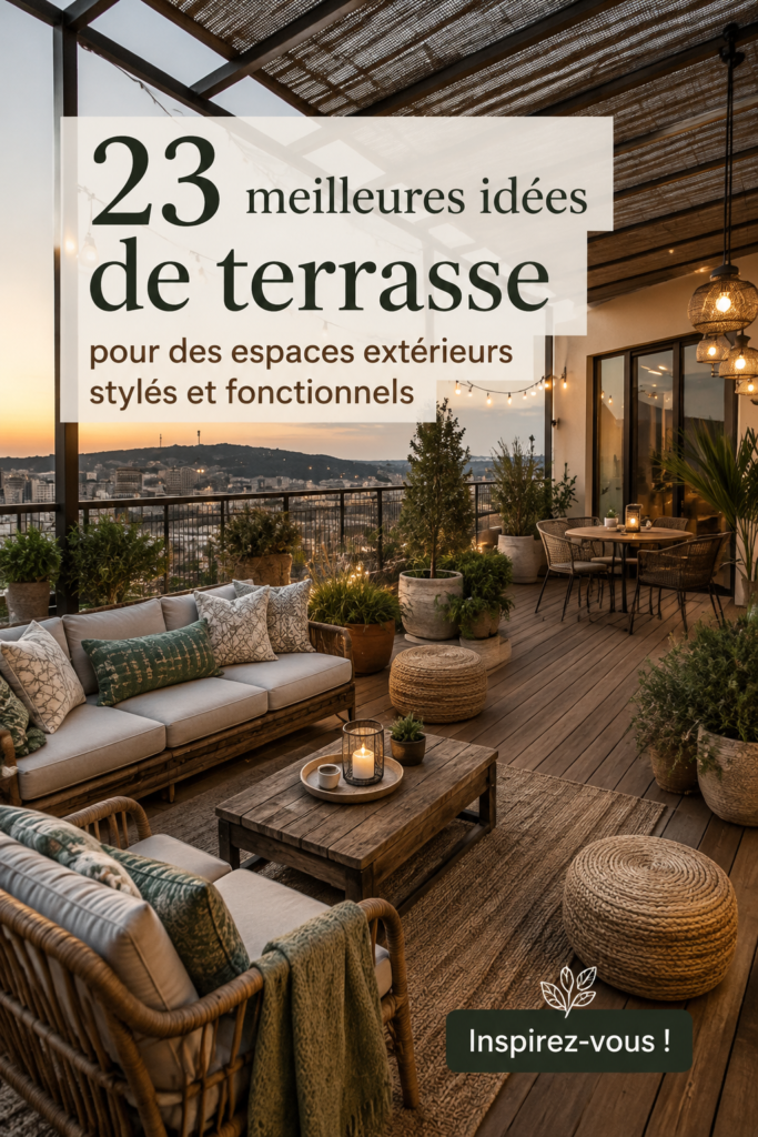 Une terrasse moderne et accueillante avec des fauteuils confortables et des plantes décoratives