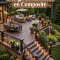 Terrasse moderne en composite avec mobilier confortable dans un jardin accueillant