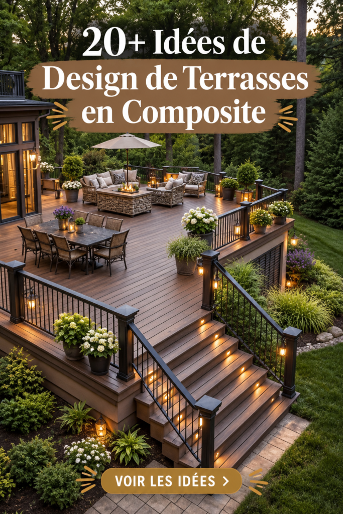 Terrasse moderne en composite avec mobilier confortable dans un jardin accueillant
