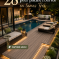 Terrasse en bois autour d'une piscine hors sol, idéale pour la détente.