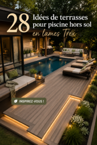 Terrasse en bois autour d'une piscine hors sol, idéale pour la détente.