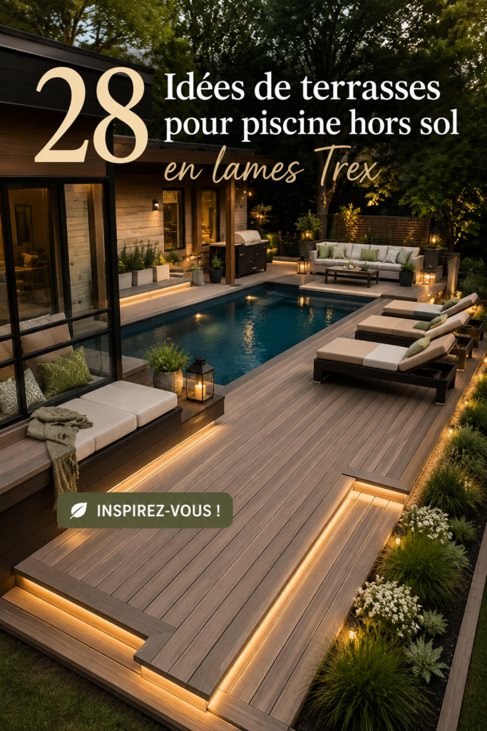 Terrasse en bois autour d'une piscine hors sol, idéale pour la détente.