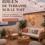 Terrasse sur le toit aménagée avec des plantes et du mobilier confortable, créant une ambiance conviviale.