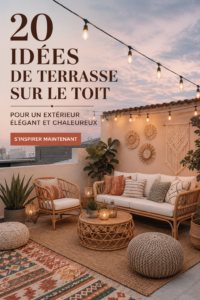 Terrasse sur le toit aménagée avec des plantes et du mobilier confortable, créant une ambiance conviviale.