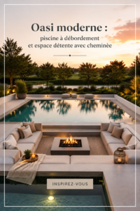Espace extérieur moderne avec piscine à débordement et coin détente chaleureux