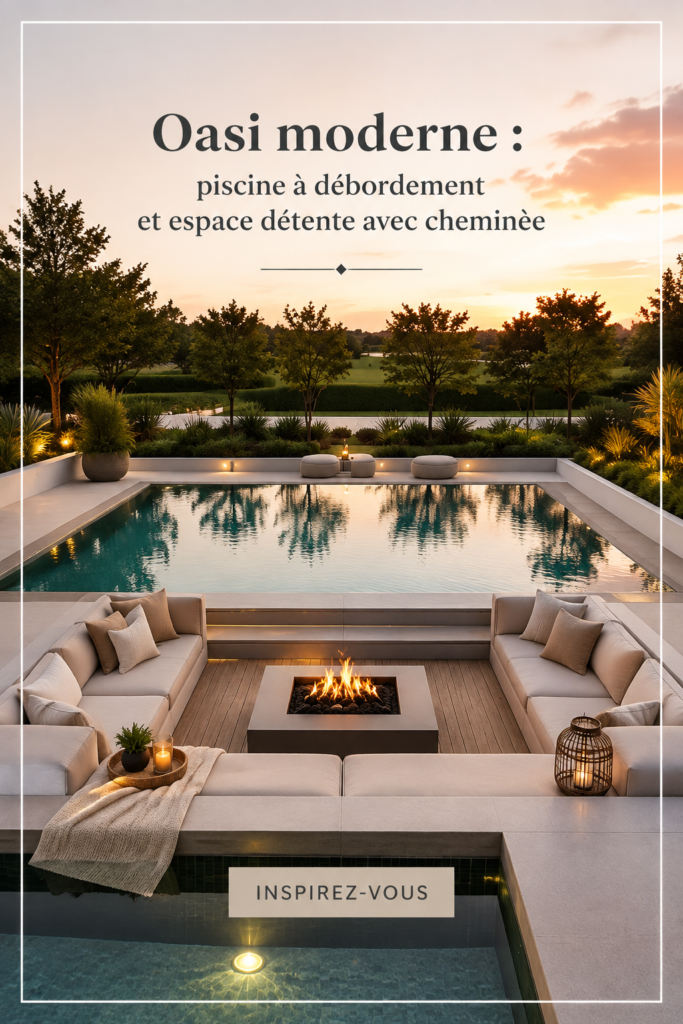 Espace extérieur moderne avec piscine à débordement et coin détente chaleureux