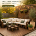 Patio en bois fait de palettes avec des fauteuils confortables et des plantes vertes.