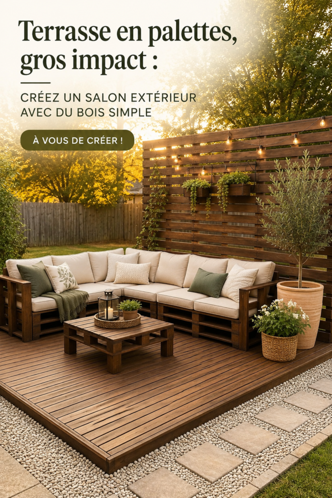 Patio en bois fait de palettes avec des fauteuils confortables et des plantes vertes.