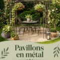 Un pavillon en métal au milieu d'un jardin fleuri, offrant une belle ombre.